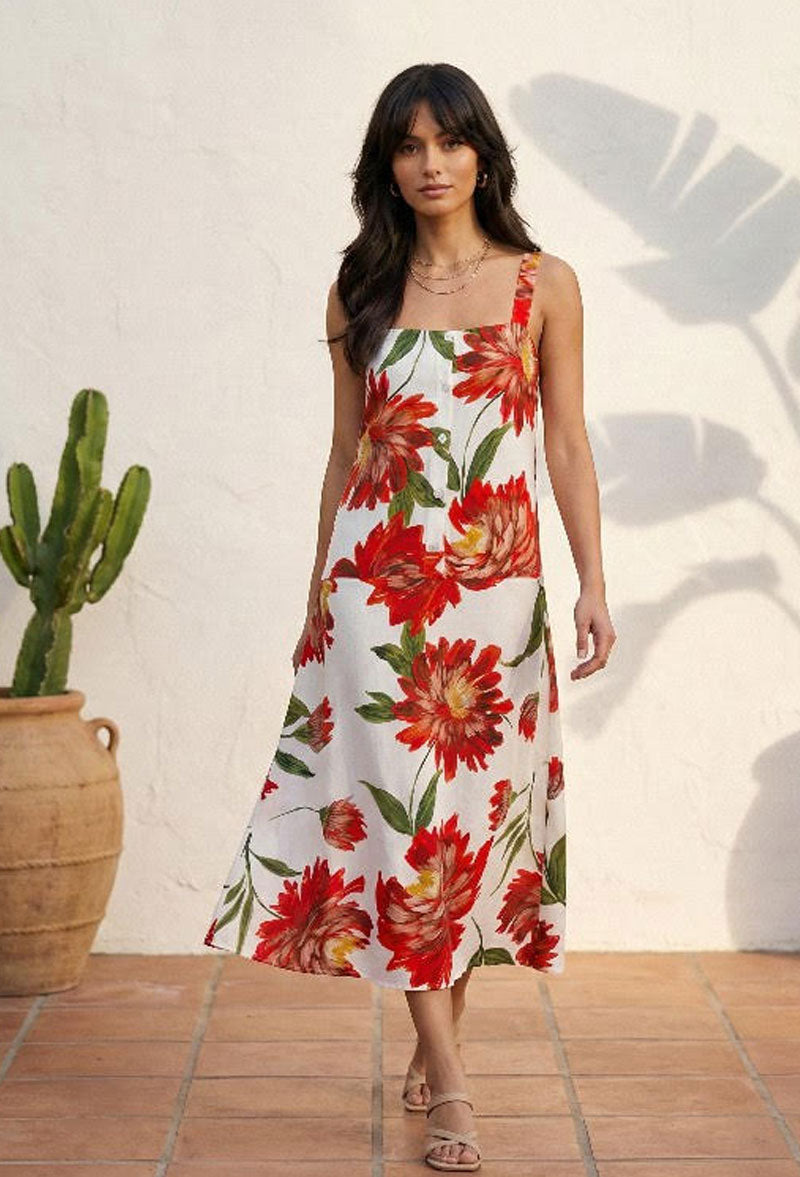 Tropical Ember Flower Midi Dress Fabric: Rayon Nylon