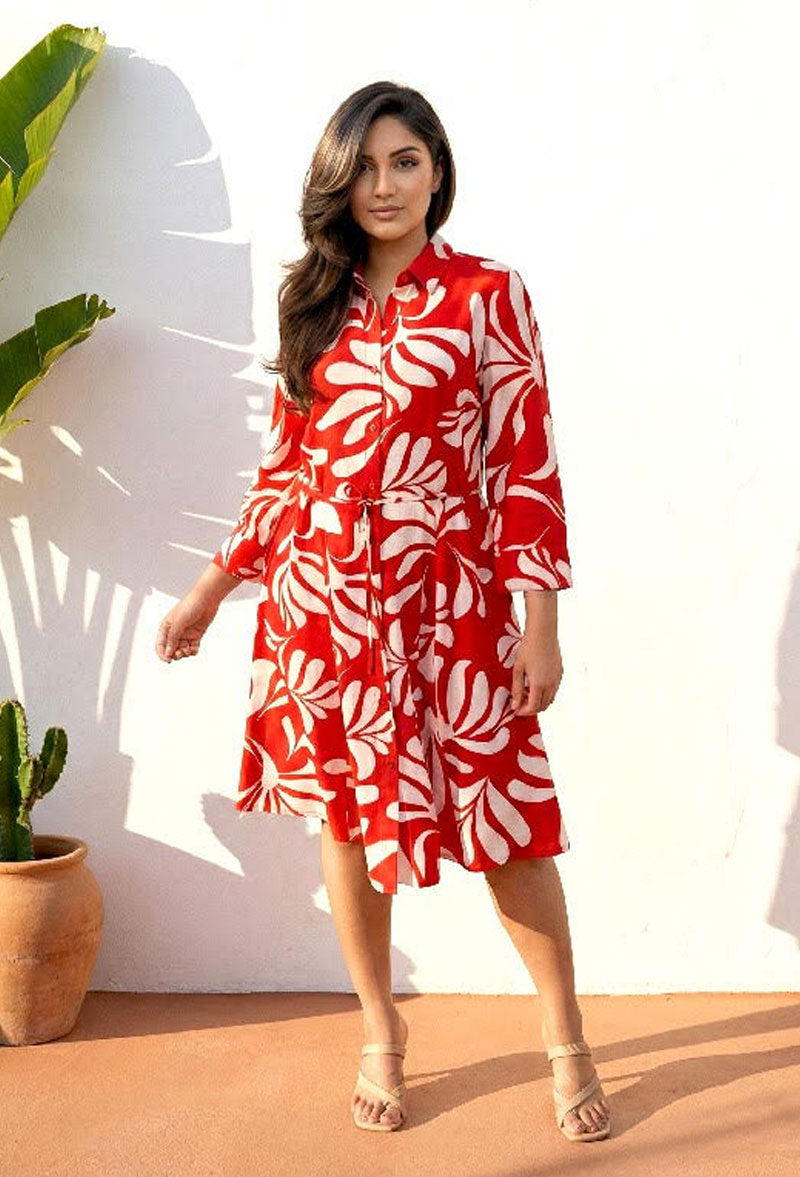 Crimson Tropics Leaf Shirt Dress