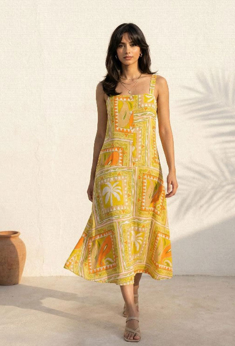 Sunset Palms Tropical Patchwork Dress