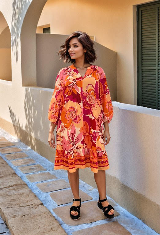 Tropical Bloom Luxe Border-Print Dress