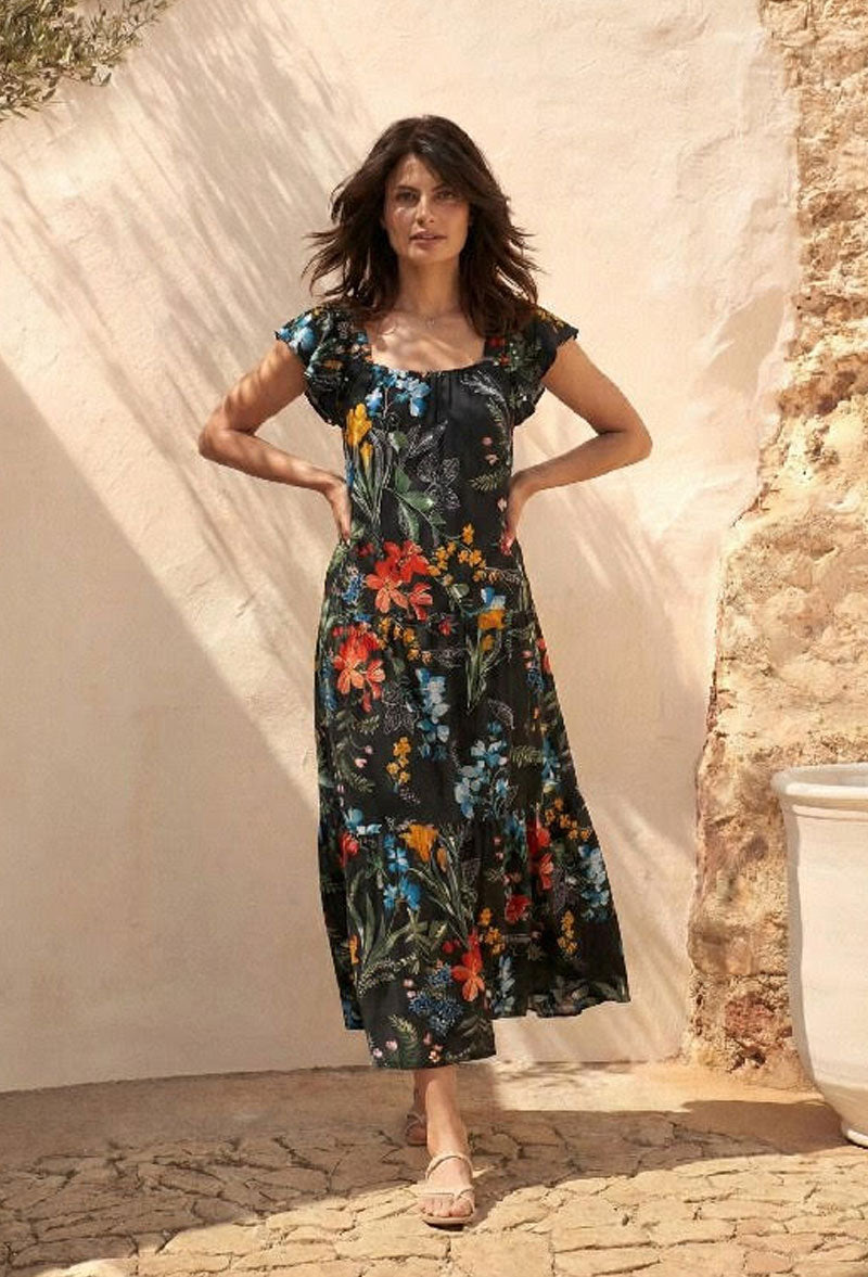 Midnight Botanical Print Midi Dress