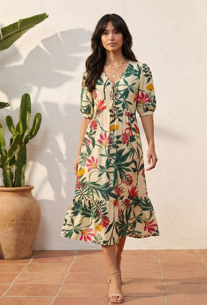 Women's Beige Tropical Floral Printed Midi Dress