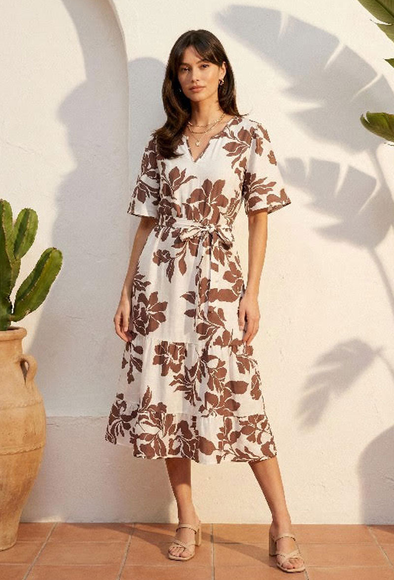 Women's Brown Floral Midi Dress with Tie Waist