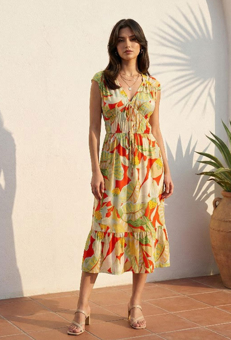 Cinched Waist Floral Printed Midi Dress