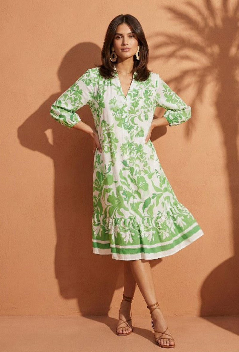 Terra Bloom Green Ruffle Midi Dress