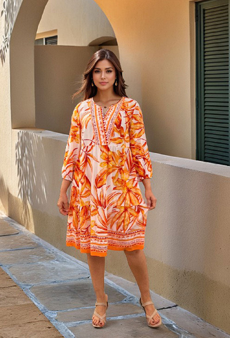 Sunset Tropical Bloom Border Print Dress