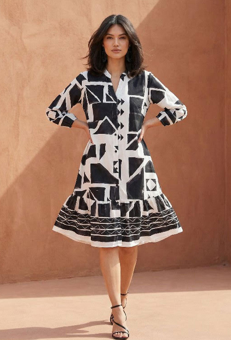 Modern Ink Geometry Ruffle Dress