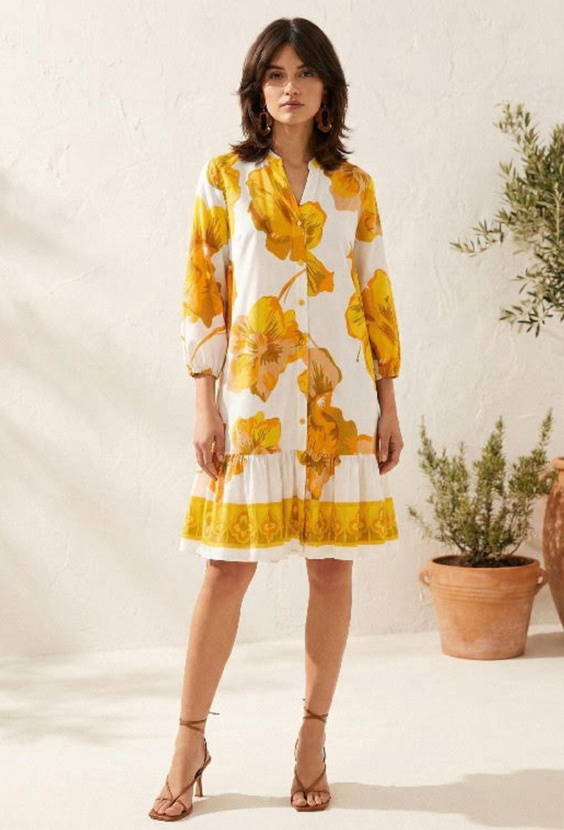 Citrus Petal Flowy Border Print Dress
