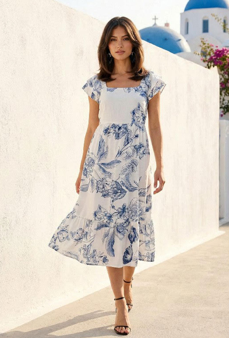 Santorini Blue Toile De Jour Midi Dress