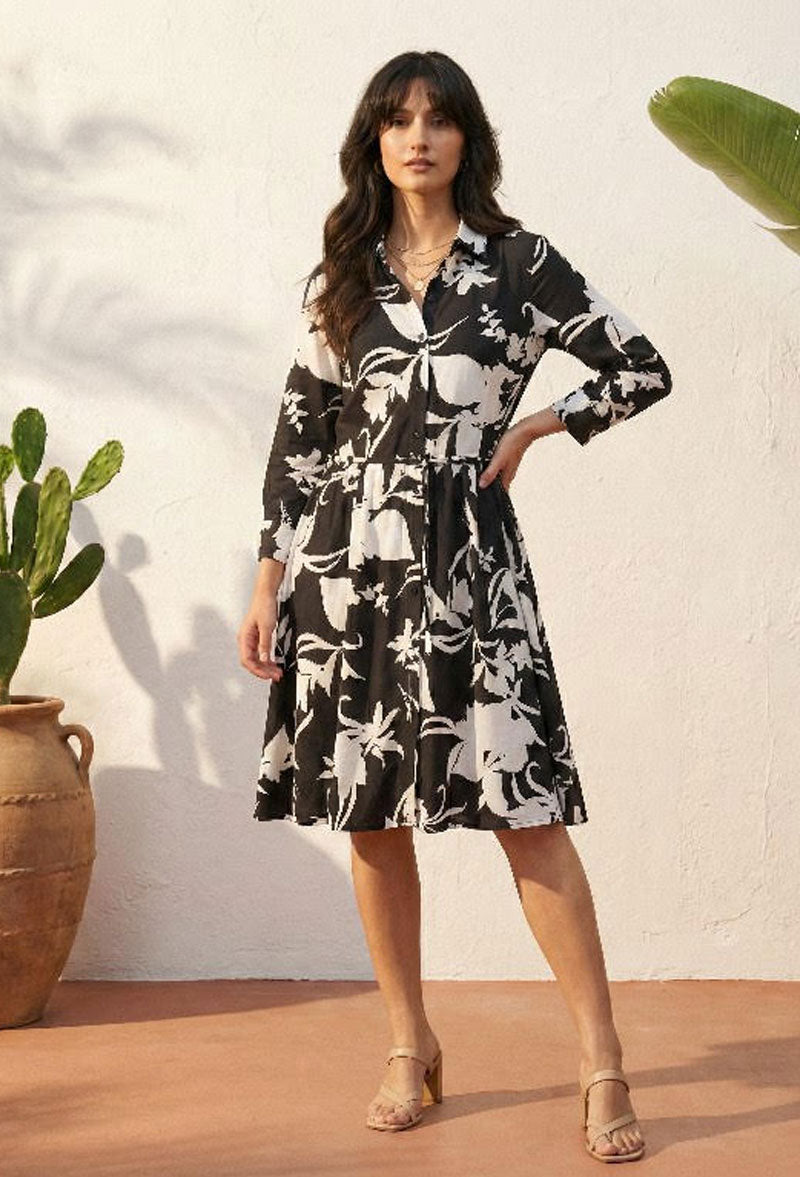 Monochrome Botanical Shirt Dress