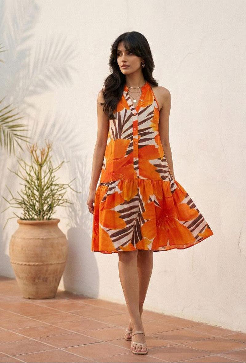 Tangerine Burst Halter Drop Waist Dress