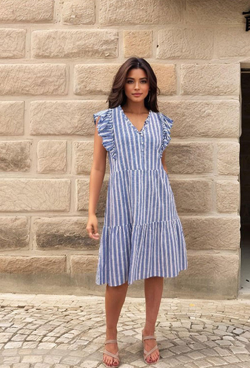 Blue Breeze Striped Ruffle Summer Dress