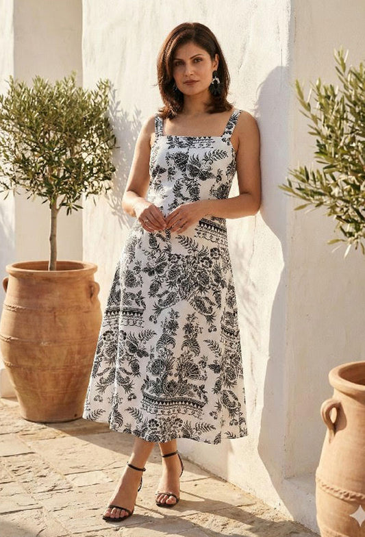 Black & White Embroidery Print A line Dress