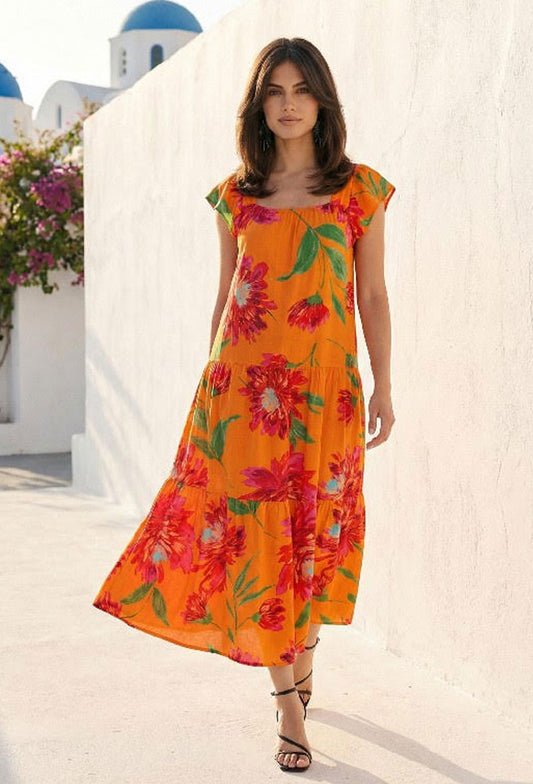 Orange Floral Flared Midi Dress