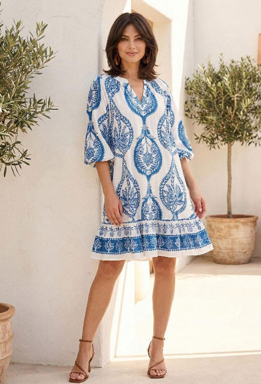Mediterranean Medallion Puff-Sleeve Resort Border Print Dress