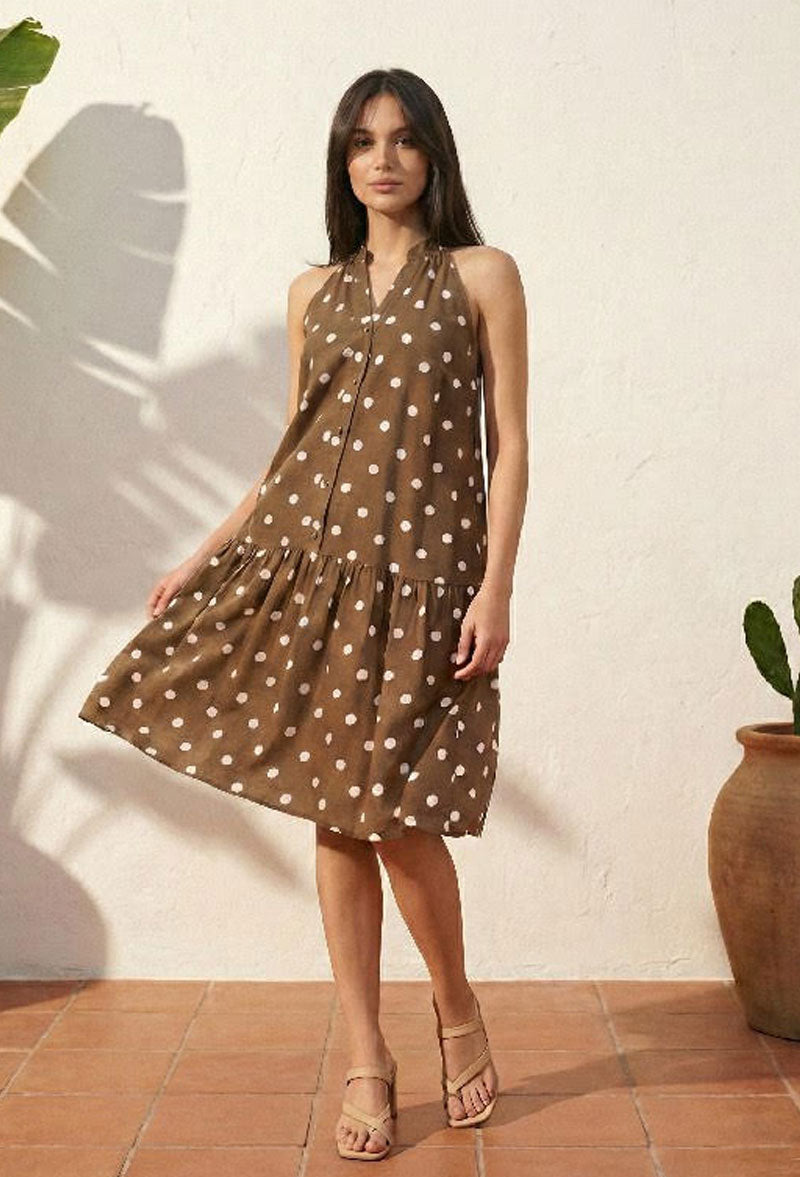 Brown Polka Dot Drop Waist Dress