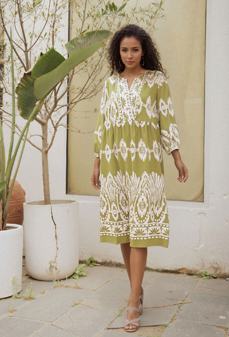 Olive Meadow Embroidery Print Dress