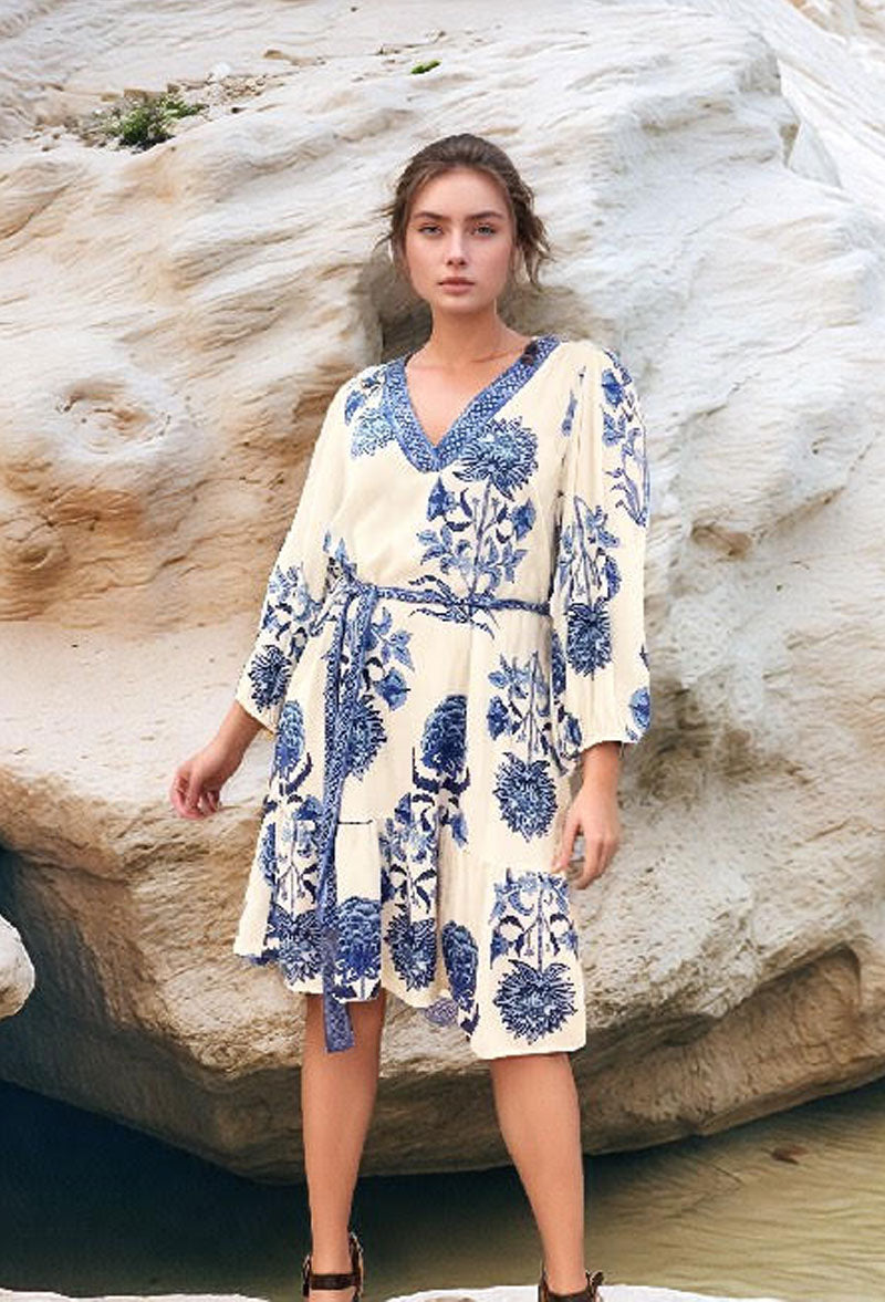 Azure Block Print Belted Midi Dress