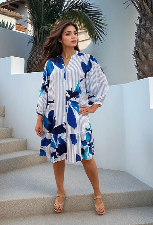 Blue Riviera Bloom on Stripe Dress
