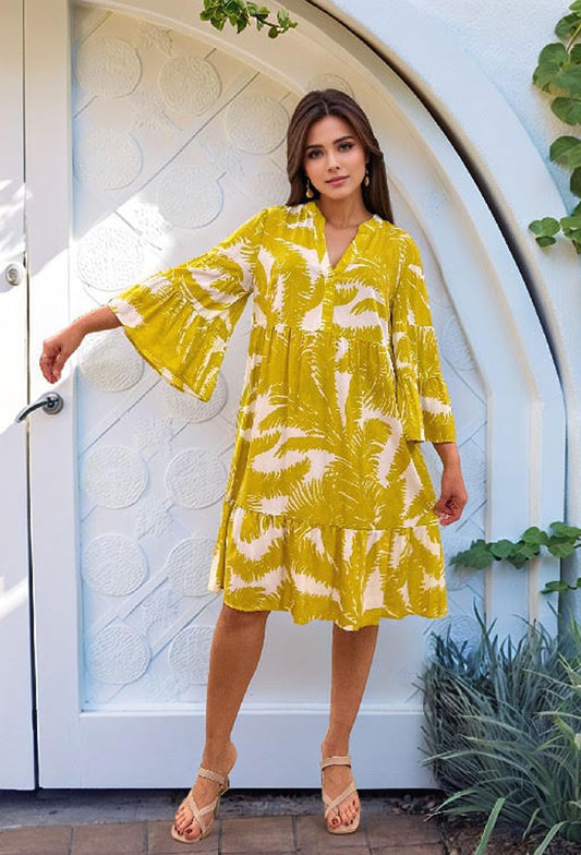Sunburst Palm Flare-Sleeve Midi Dress