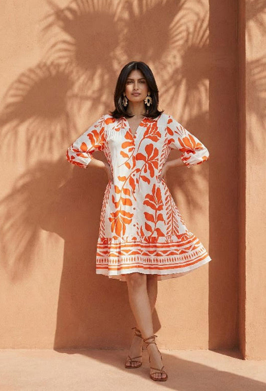 Sun-Kissed Tangerine Foulard Print Dress